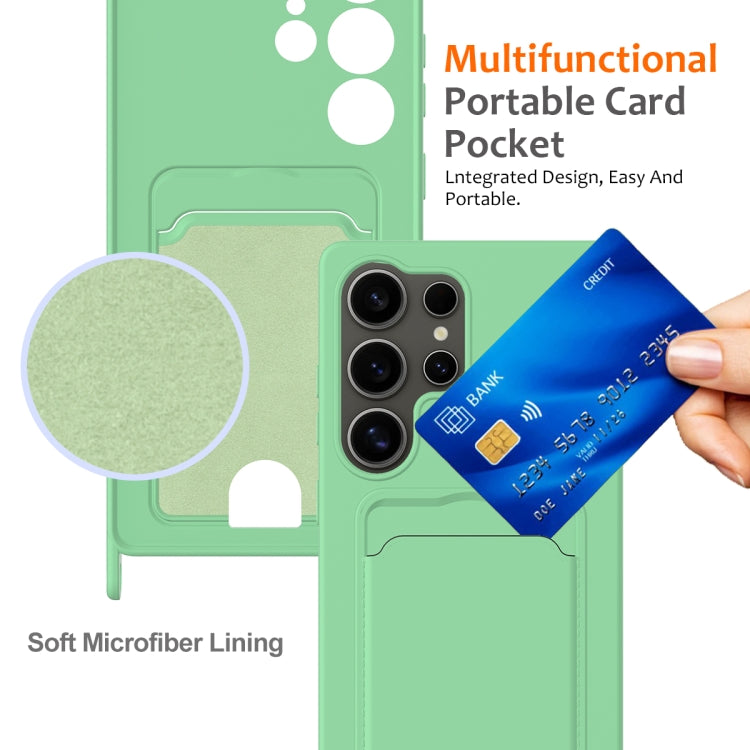 For Samsung Galaxy S25 Ultra 5G Integrated Card Bag Solid Color Liquid Silicone Phone Case with Lanyard