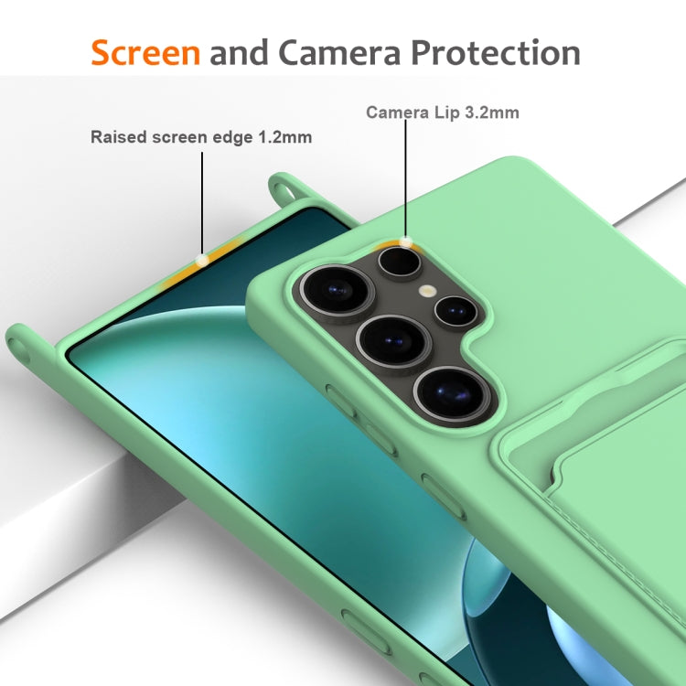 For Samsung Galaxy S25 Ultra 5G Integrated Card Bag Solid Color Liquid Silicone Phone Case with Lanyard