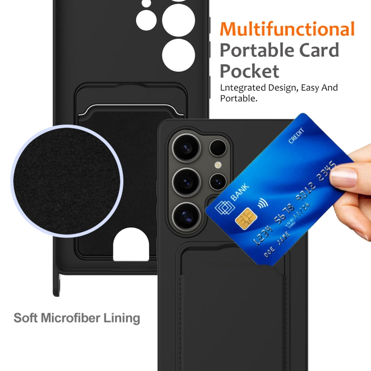 For Samsung Galaxy S25 Ultra 5G Integrated Card Bag Solid Color Liquid Silicone Phone Case with Lanyard