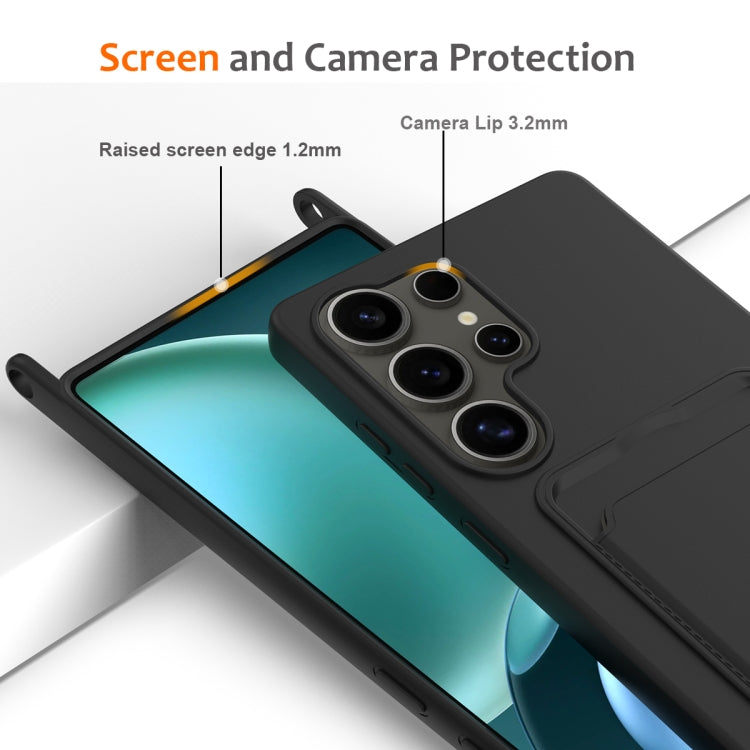 For Samsung Galaxy S25 Ultra 5G Integrated Card Bag Solid Color Liquid Silicone Phone Case with Lanyard
