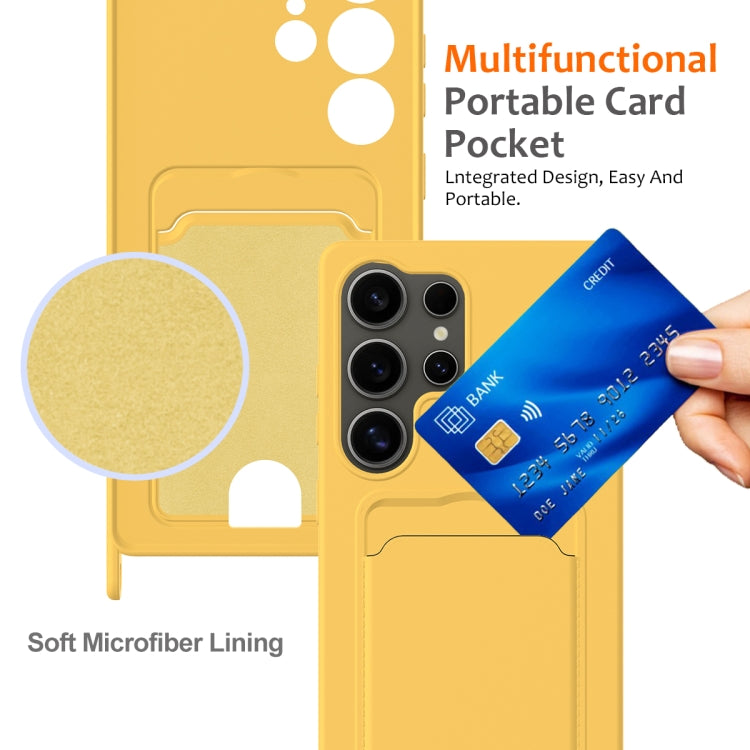 For Samsung Galaxy S25 Ultra 5G Integrated Card Bag Solid Color Liquid Silicone Phone Case with Lanyard