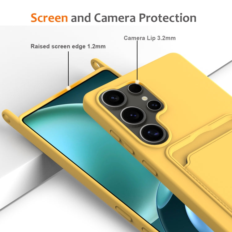 For Samsung Galaxy S25 Ultra 5G Integrated Card Bag Solid Color Liquid Silicone Phone Case with Lanyard