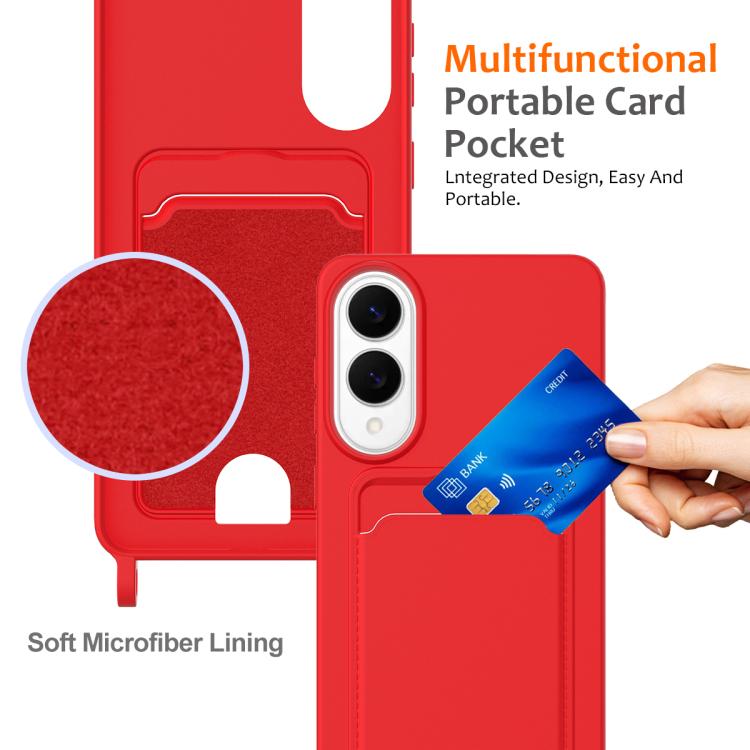 For Samsung Galaxy S25 Edge 5G Integrated Card Bag Solid Color Liquid Silicone Phone Case with Lanyard