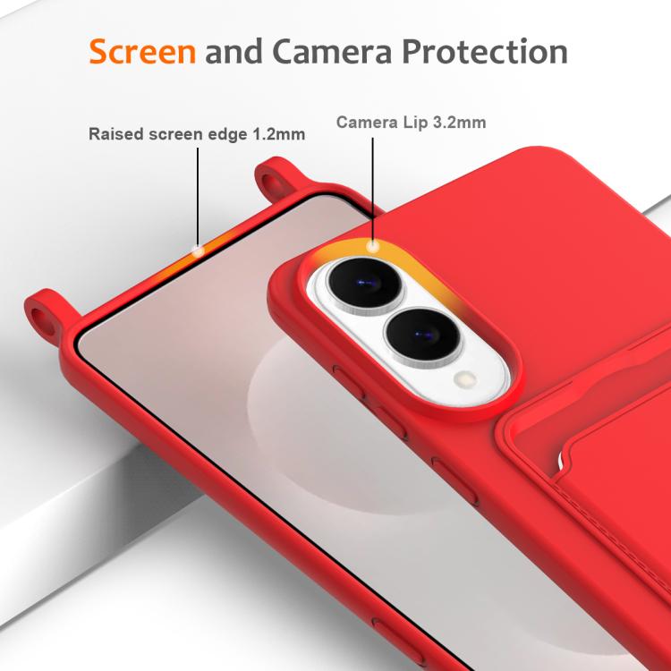 For Samsung Galaxy S25 Edge 5G Integrated Card Bag Solid Color Liquid Silicone Phone Case with Lanyard