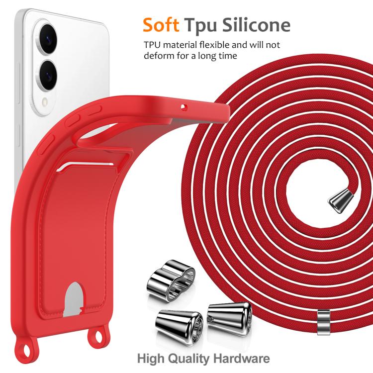 For Samsung Galaxy S25 Edge 5G Integrated Card Bag Solid Color Liquid Silicone Phone Case with Lanyard