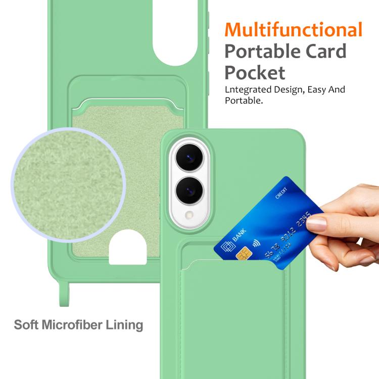 For Samsung Galaxy S25 Edge 5G Integrated Card Bag Solid Color Liquid Silicone Phone Case with Lanyard