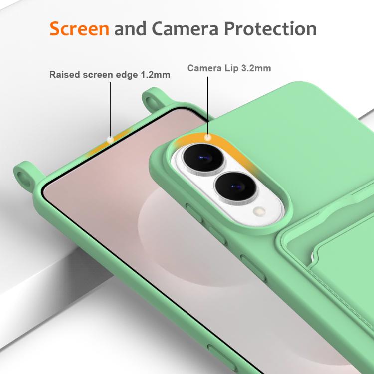 For Samsung Galaxy S25 Edge 5G Integrated Card Bag Solid Color Liquid Silicone Phone Case with Lanyard