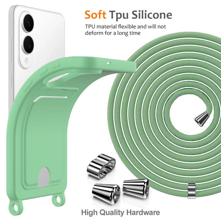 For Samsung Galaxy S25 Edge 5G Integrated Card Bag Solid Color Liquid Silicone Phone Case with Lanyard