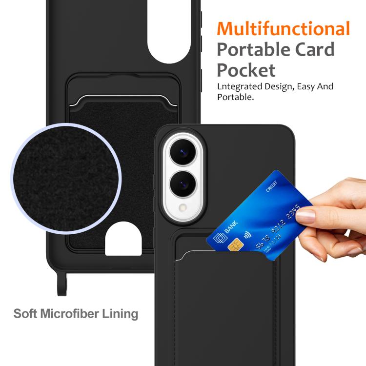 For Samsung Galaxy S25 Edge 5G Integrated Card Bag Solid Color Liquid Silicone Phone Case with Lanyard