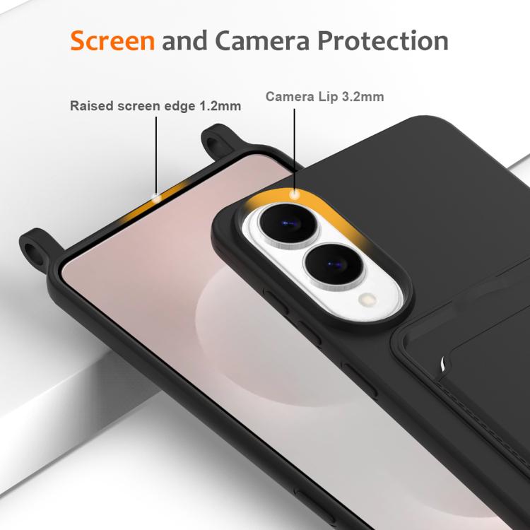 For Samsung Galaxy S25 Edge 5G Integrated Card Bag Solid Color Liquid Silicone Phone Case with Lanyard