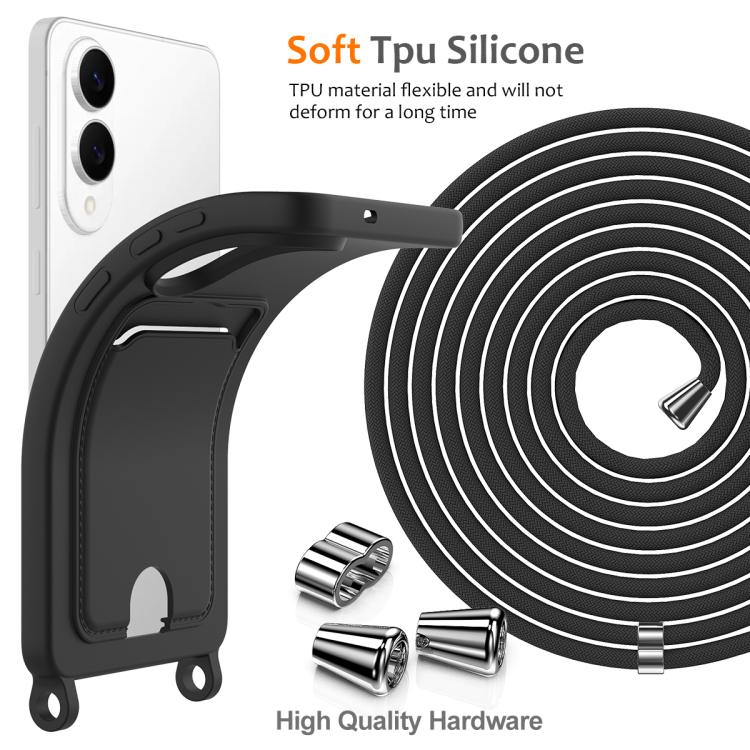 For Samsung Galaxy S25 Edge 5G Integrated Card Bag Solid Color Liquid Silicone Phone Case with Lanyard