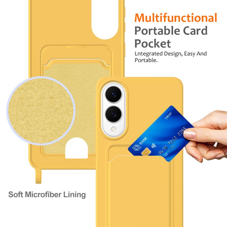 For Samsung Galaxy S25 Edge 5G Integrated Card Bag Solid Color Liquid Silicone Phone Case with Lanyard