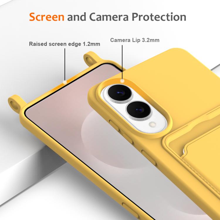 For Samsung Galaxy S25 Edge 5G Integrated Card Bag Solid Color Liquid Silicone Phone Case with Lanyard