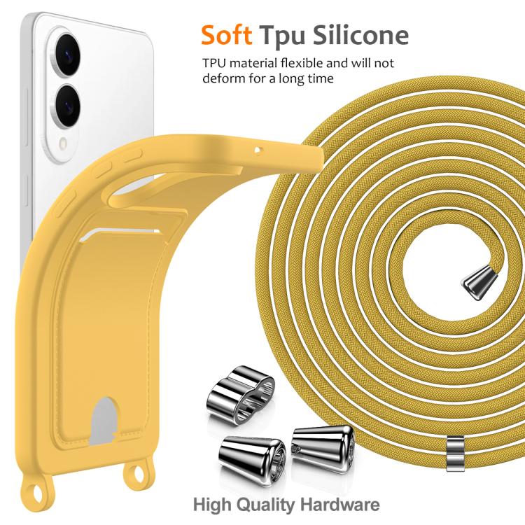 For Samsung Galaxy S25 Edge 5G Integrated Card Bag Solid Color Liquid Silicone Phone Case with Lanyard