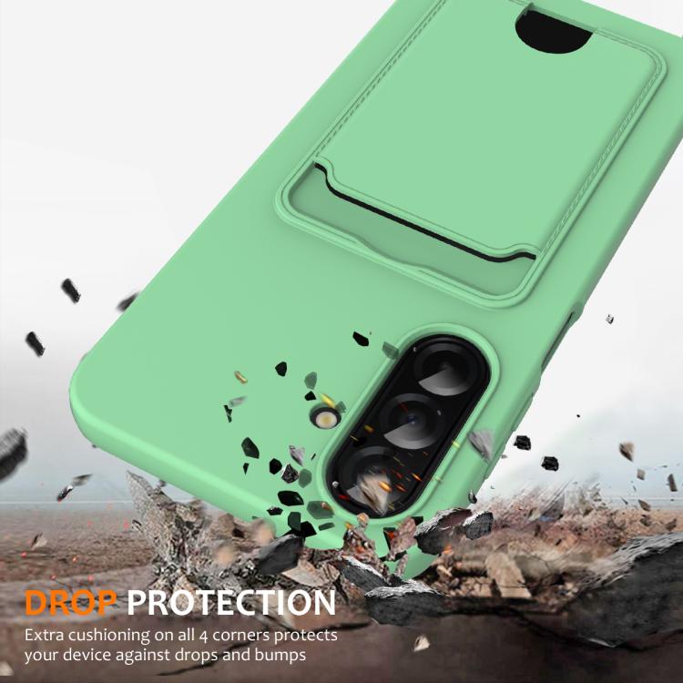 For Samsung Galaxy S25 FE 5G Integrated Card Bag Solid Color Liquid Silicone Phone Case with Lanyard