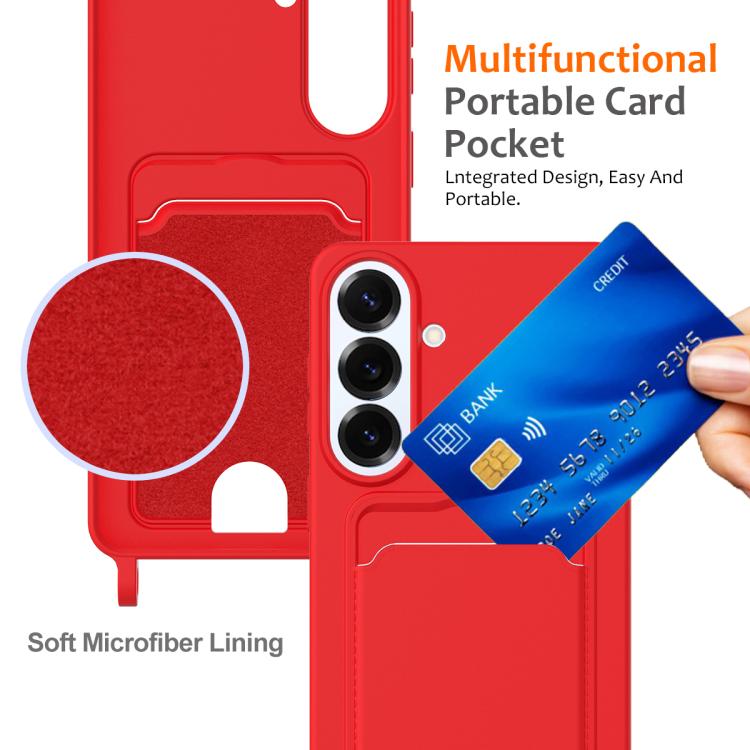 For Samsung Galaxy S26+ 5G Integrated Card Bag Solid Color Liquid Silicone Phone Case with Lanyard