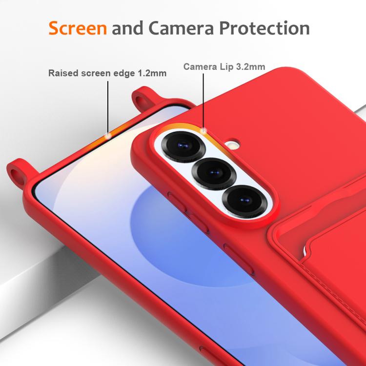 For Samsung Galaxy S26+ 5G Integrated Card Bag Solid Color Liquid Silicone Phone Case with Lanyard