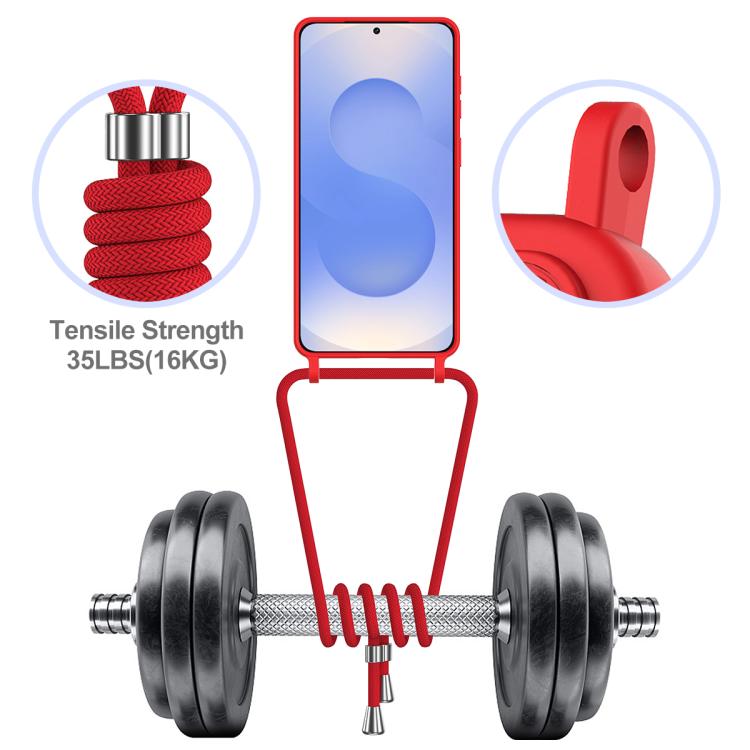 For Samsung Galaxy S26+ 5G Integrated Card Bag Solid Color Liquid Silicone Phone Case with Lanyard