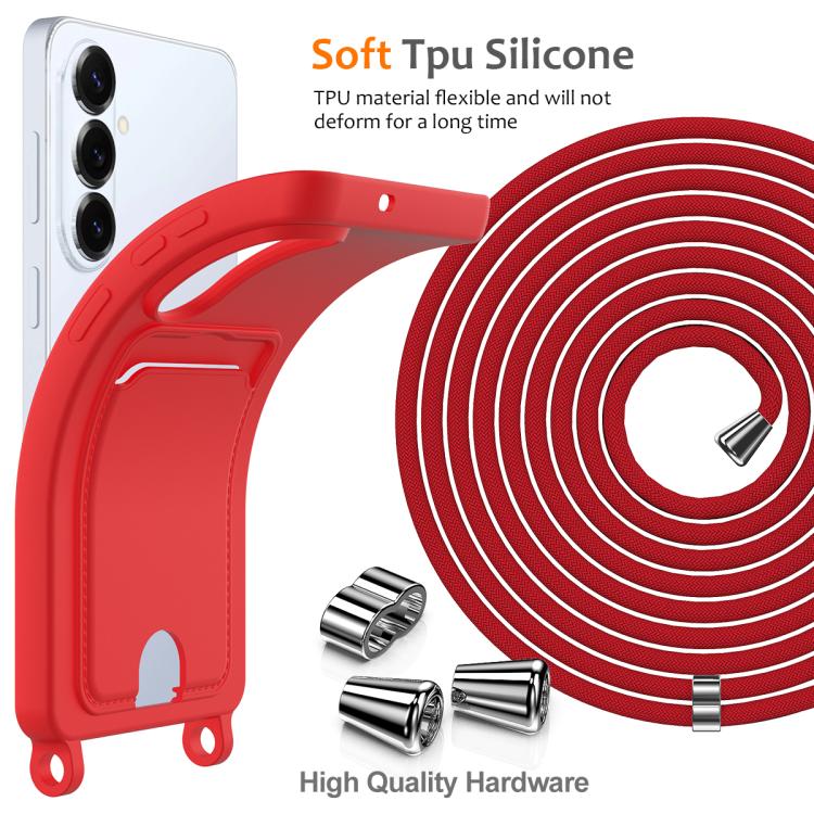 For Samsung Galaxy S26+ 5G Integrated Card Bag Solid Color Liquid Silicone Phone Case with Lanyard