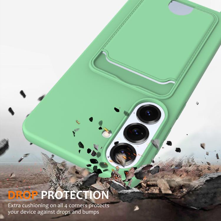 For Samsung Galaxy S26+ 5G Integrated Card Bag Solid Color Liquid Silicone Phone Case with Lanyard