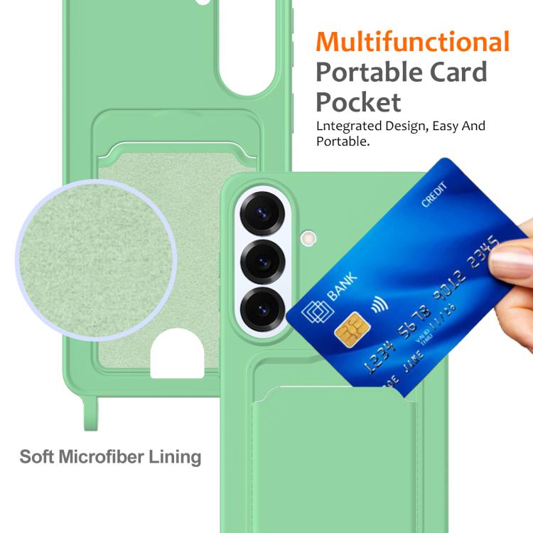 For Samsung Galaxy S26+ 5G Integrated Card Bag Solid Color Liquid Silicone Phone Case with Lanyard