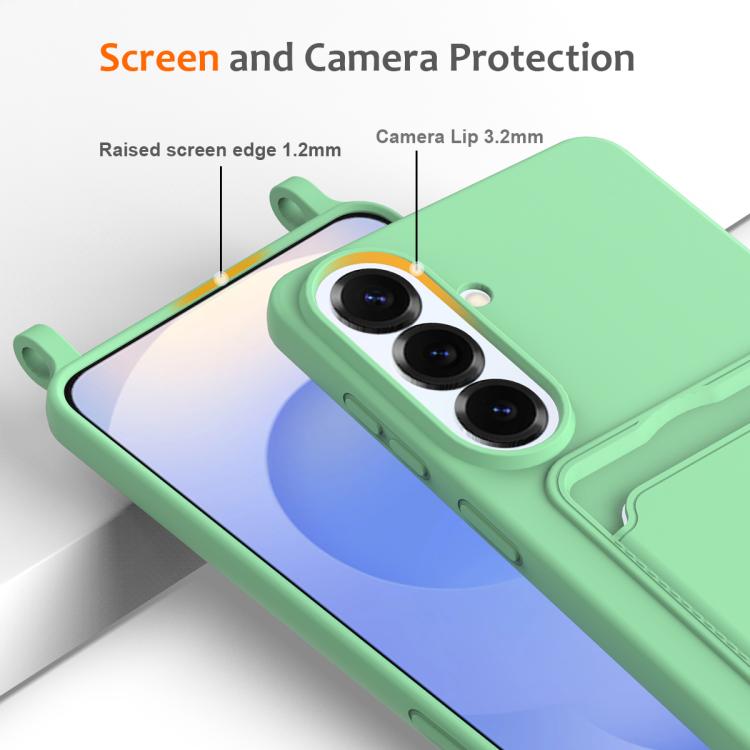 For Samsung Galaxy S26+ 5G Integrated Card Bag Solid Color Liquid Silicone Phone Case with Lanyard