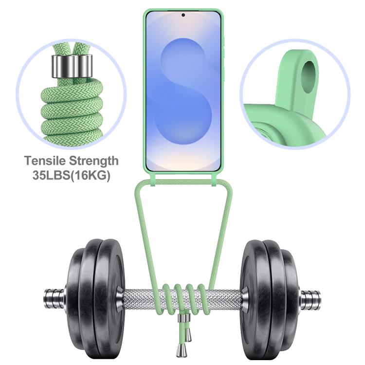 For Samsung Galaxy S26+ 5G Integrated Card Bag Solid Color Liquid Silicone Phone Case with Lanyard