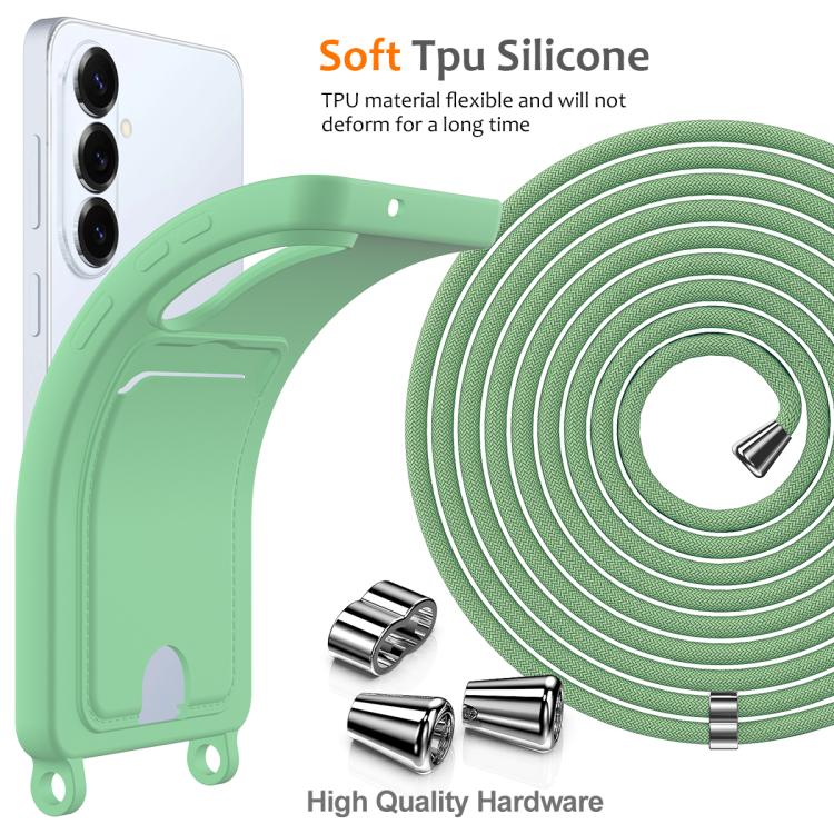 For Samsung Galaxy S26+ 5G Integrated Card Bag Solid Color Liquid Silicone Phone Case with Lanyard