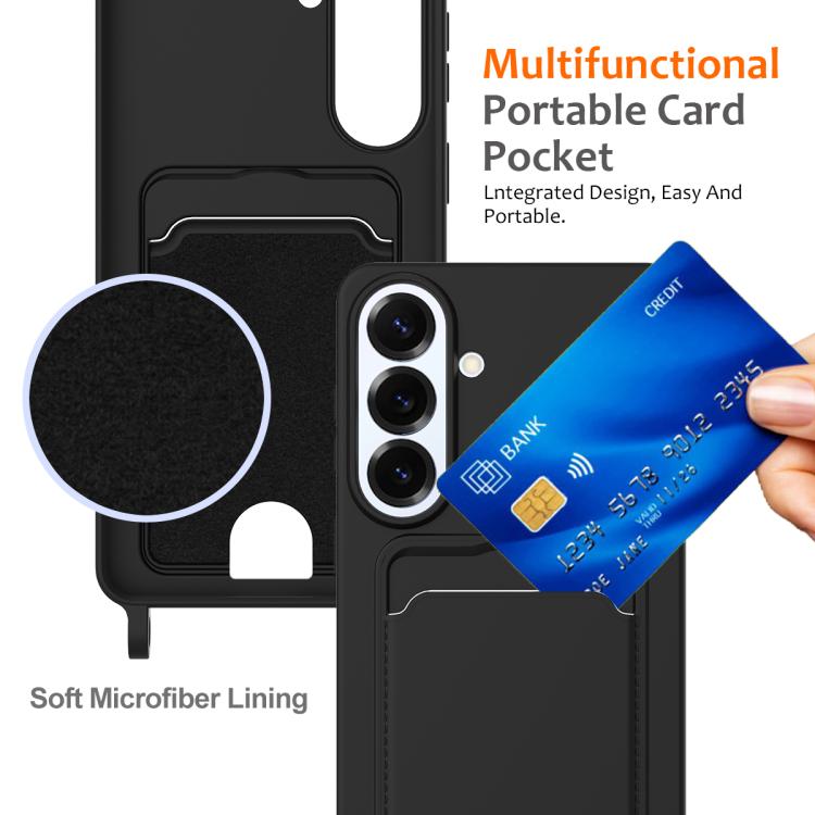For Samsung Galaxy S26+ 5G Integrated Card Bag Solid Color Liquid Silicone Phone Case with Lanyard