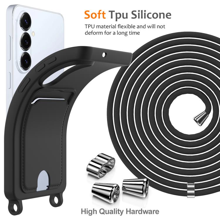 For Samsung Galaxy S26+ 5G Integrated Card Bag Solid Color Liquid Silicone Phone Case with Lanyard