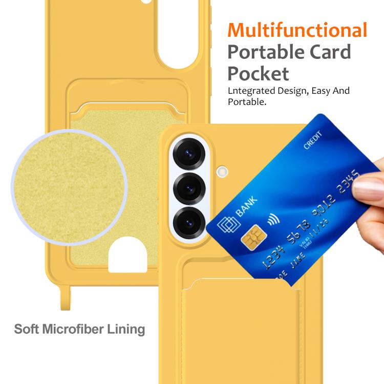 For Samsung Galaxy S26+ 5G Integrated Card Bag Solid Color Liquid Silicone Phone Case with Lanyard