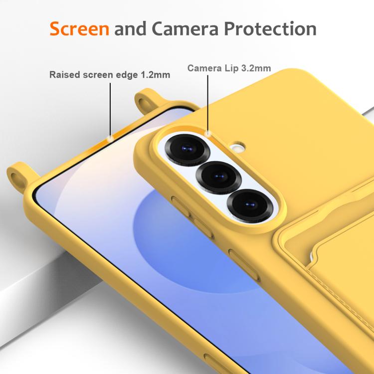 For Samsung Galaxy S26+ 5G Integrated Card Bag Solid Color Liquid Silicone Phone Case with Lanyard