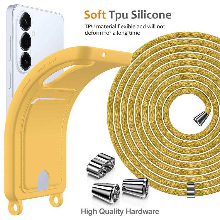 For Samsung Galaxy S26+ 5G Integrated Card Bag Solid Color Liquid Silicone Phone Case with Lanyard