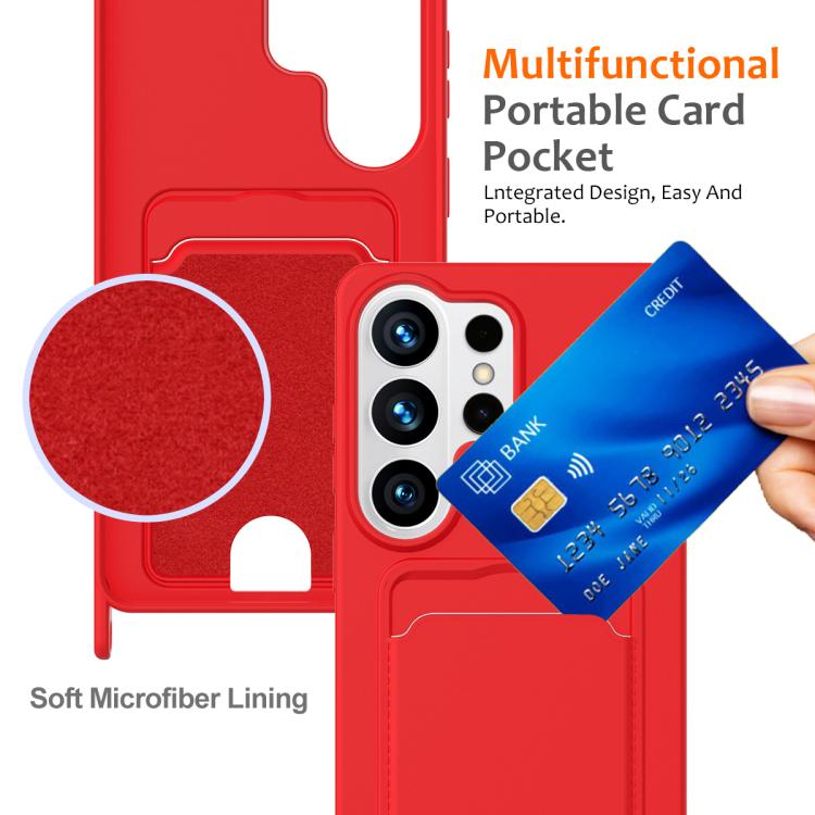 For Samsung Galaxy S26 Ultra 5G Integrated Card Bag Solid Color Liquid Silicone Phone Case with Lanyard