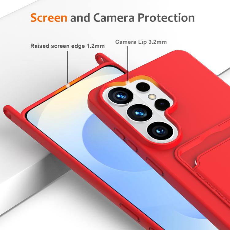 For Samsung Galaxy S26 Ultra 5G Integrated Card Bag Solid Color Liquid Silicone Phone Case with Lanyard