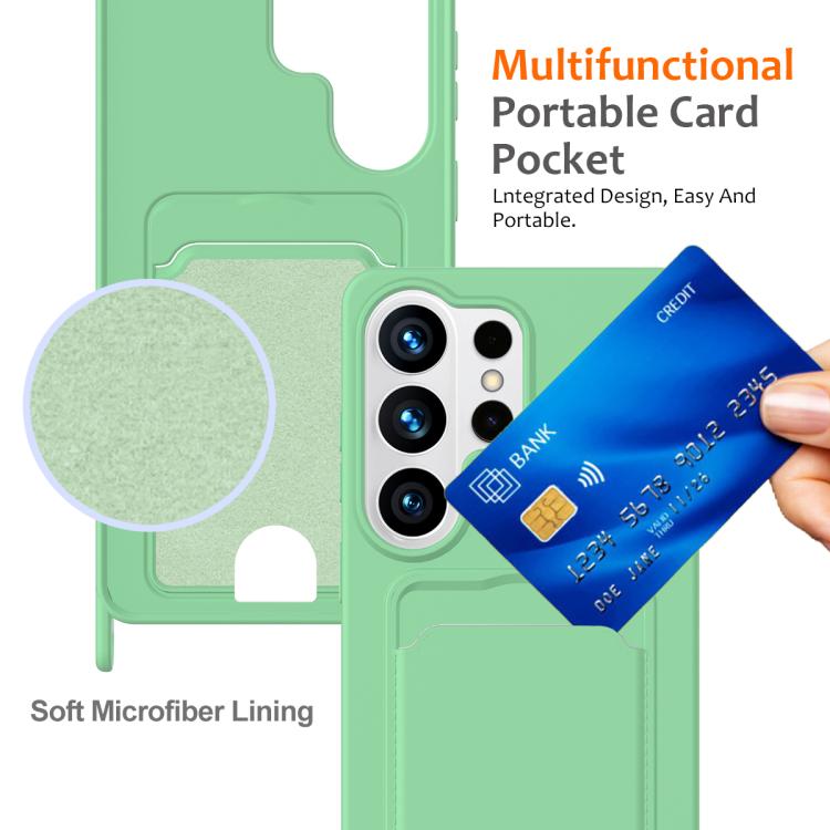 For Samsung Galaxy S26 Ultra 5G Integrated Card Bag Solid Color Liquid Silicone Phone Case with Lanyard