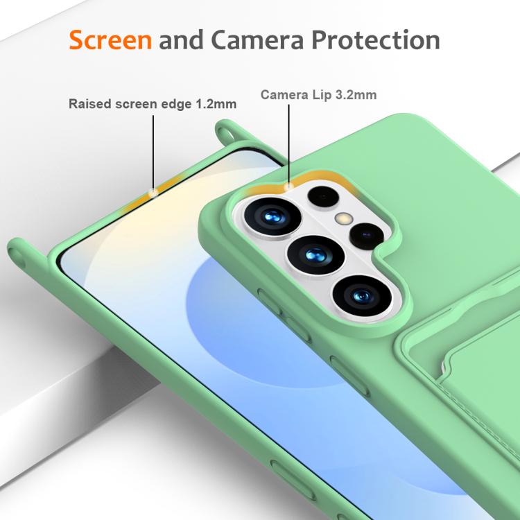 For Samsung Galaxy S26 Ultra 5G Integrated Card Bag Solid Color Liquid Silicone Phone Case with Lanyard