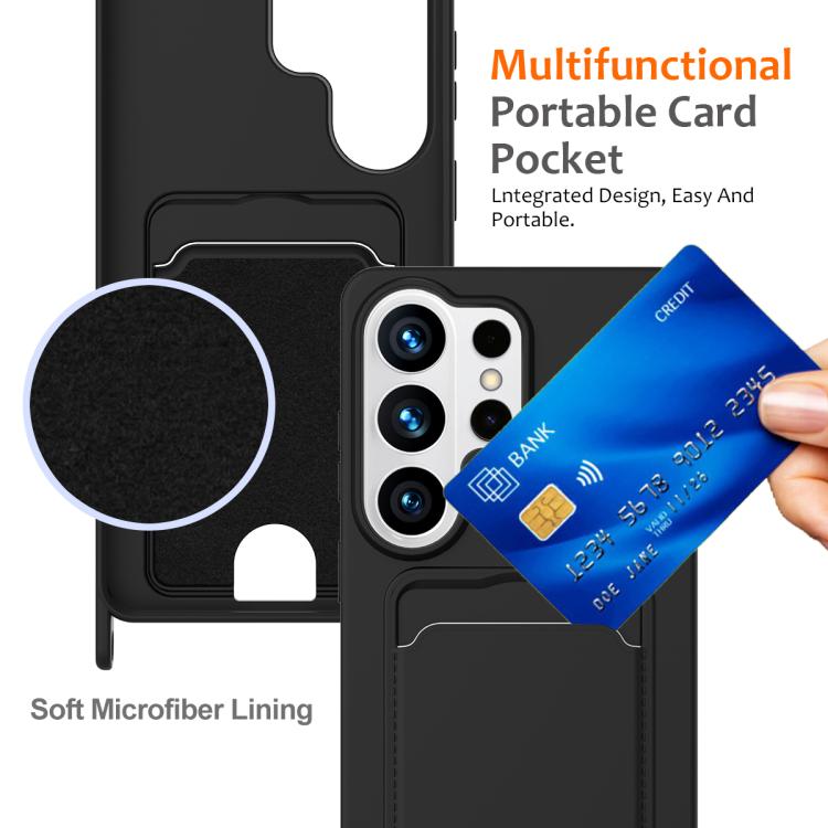For Samsung Galaxy S26 Ultra 5G Integrated Card Bag Solid Color Liquid Silicone Phone Case with Lanyard