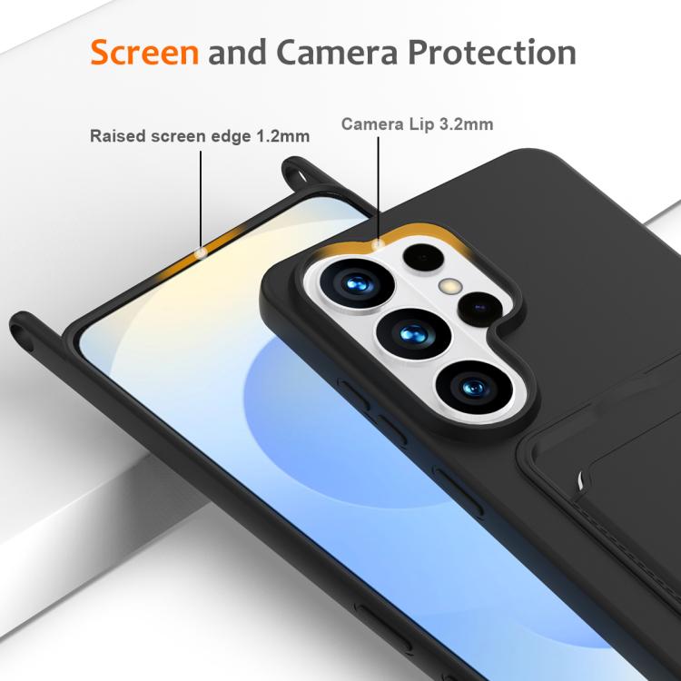 For Samsung Galaxy S26 Ultra 5G Integrated Card Bag Solid Color Liquid Silicone Phone Case with Lanyard