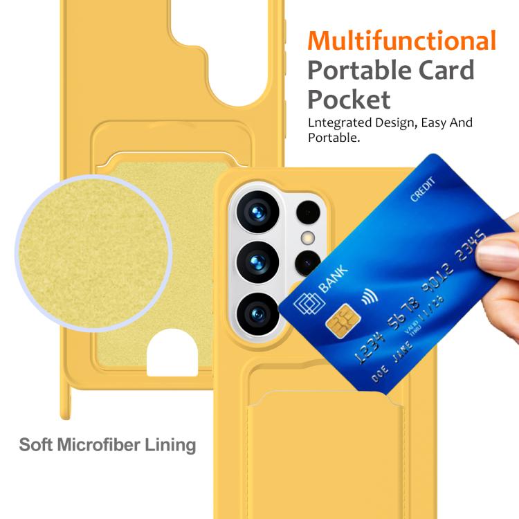 For Samsung Galaxy S26 Ultra 5G Integrated Card Bag Solid Color Liquid Silicone Phone Case with Lanyard