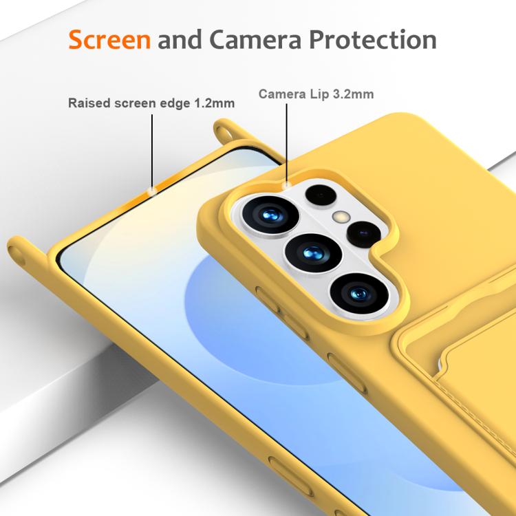 For Samsung Galaxy S26 Ultra 5G Integrated Card Bag Solid Color Liquid Silicone Phone Case with Lanyard