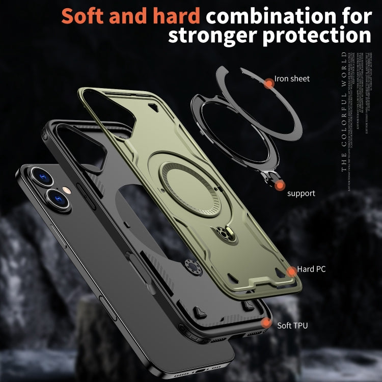 For iPhone 16 PC Hybrid TPU Armor MagSafe Ring Holder Phone Case
