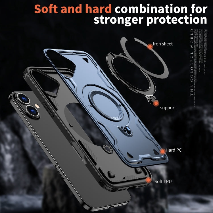 For iPhone 16 PC Hybrid TPU Armor MagSafe Ring Holder Phone Case