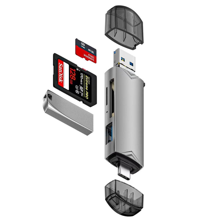 6 in 1 USB3.0, Micro USB, Type-C to SD, TF Card, U Disk Multifunctional Card Reader Adapter - Silver