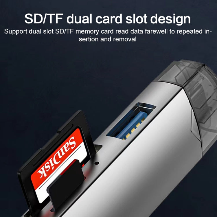 6 in 1 USB3.0, Micro USB, Type-C to SD, TF Card, U Disk Multifunctional Card Reader Adapter - Silver