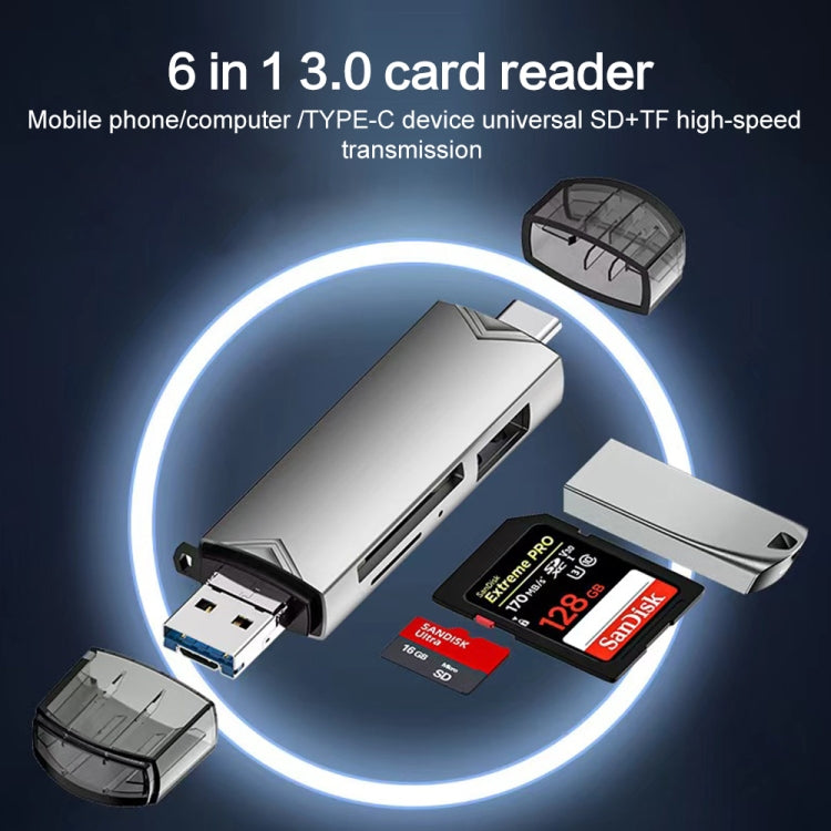 6 in 1 USB3.0, Micro USB, Type-C to SD, TF Card, U Disk Multifunctional Card Reader Adapter - Silver