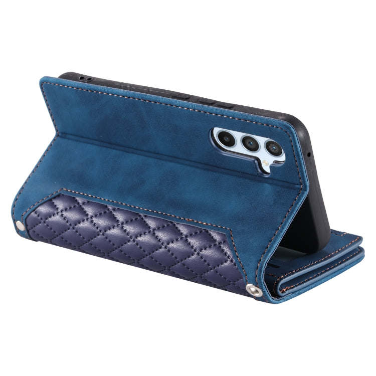 For Samsung Galaxy S25+ 5G Grid Texture Zipper Leather Phone Case with Lanyard