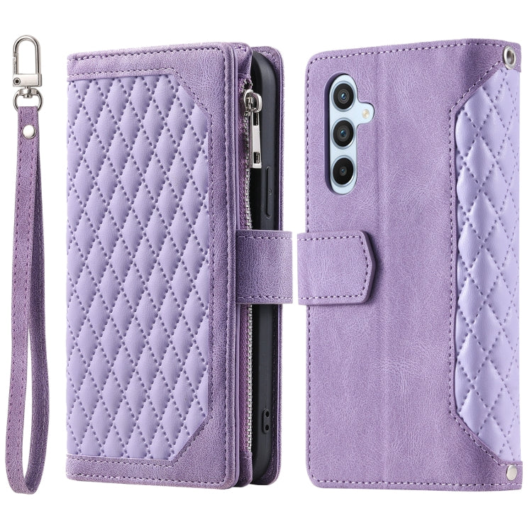 For Samsung Galaxy S25+ 5G Grid Texture Zipper Leather Phone Case with Lanyard