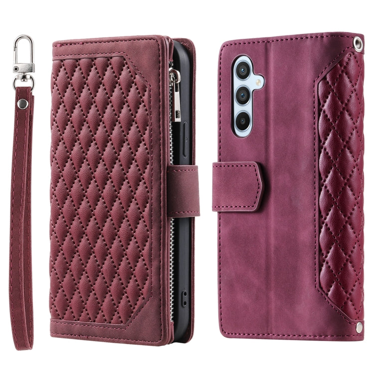For Samsung Galaxy S25+ 5G Grid Texture Zipper Leather Phone Case with Lanyard