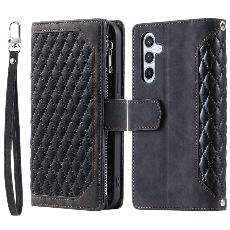 For Samsung Galaxy S25+ 5G Grid Texture Zipper Leather Phone Case with Lanyard